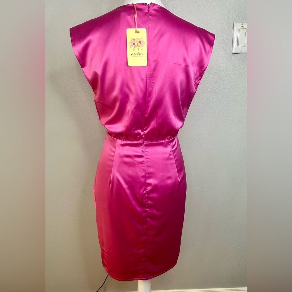 Vibrant Hot Pink Satin Wrap Mini Dress – NWT Size M ✨ - Picture 6 of 8